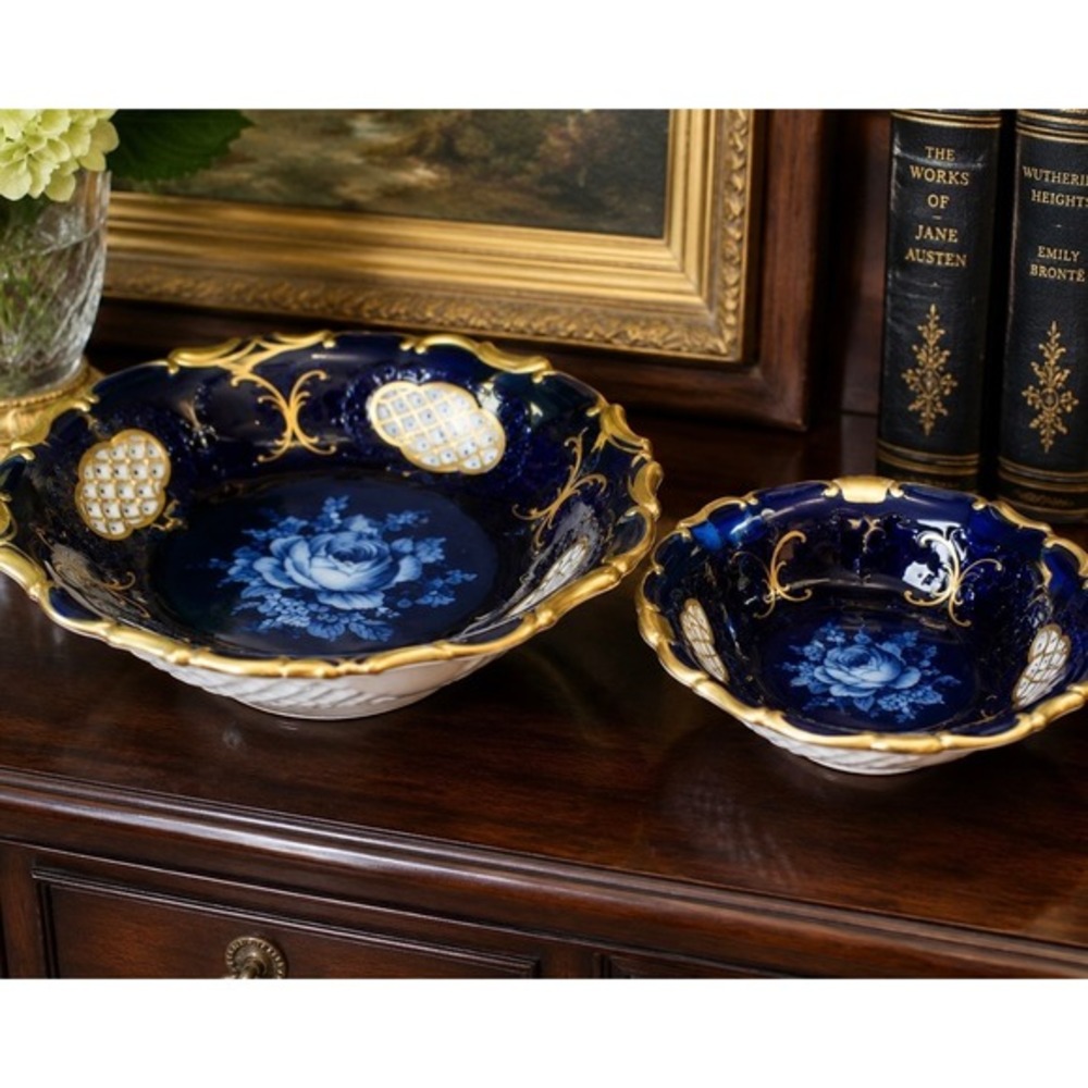 Pirkenhammer-Hammer Bohemia Cobalt Blue‎ Gilt Porcelain Bowls Set | 9.5" & 7"